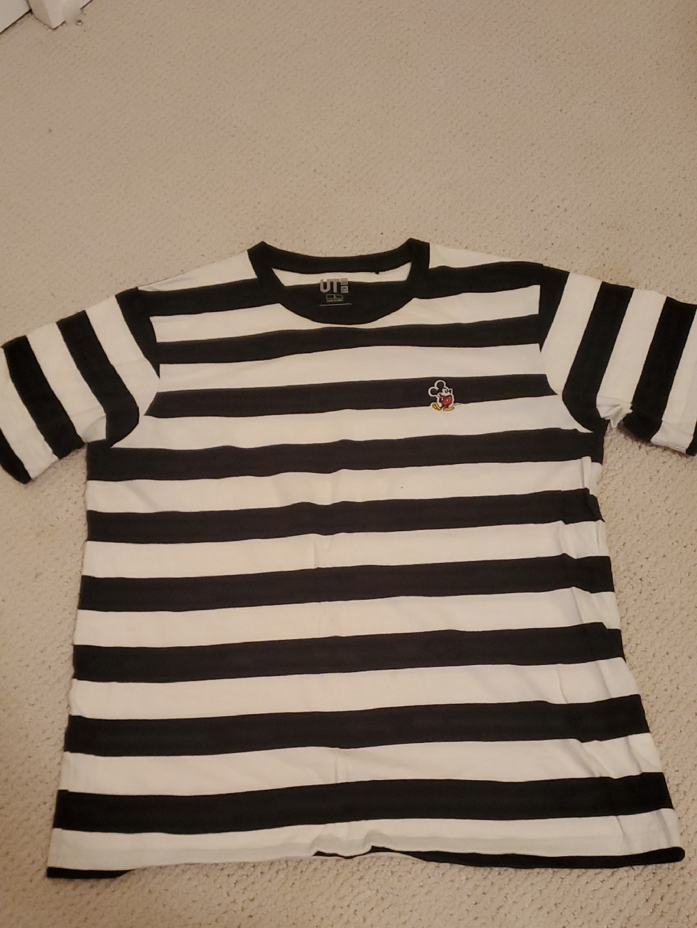 Disney Black and White Striped Mickey Patch Short Sleeve Tee